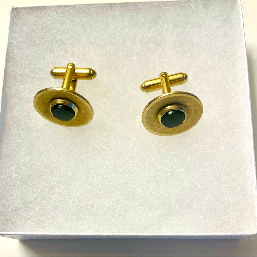 Shields Gold Tone Cuff Links with Round Black Onyx Center Vintage